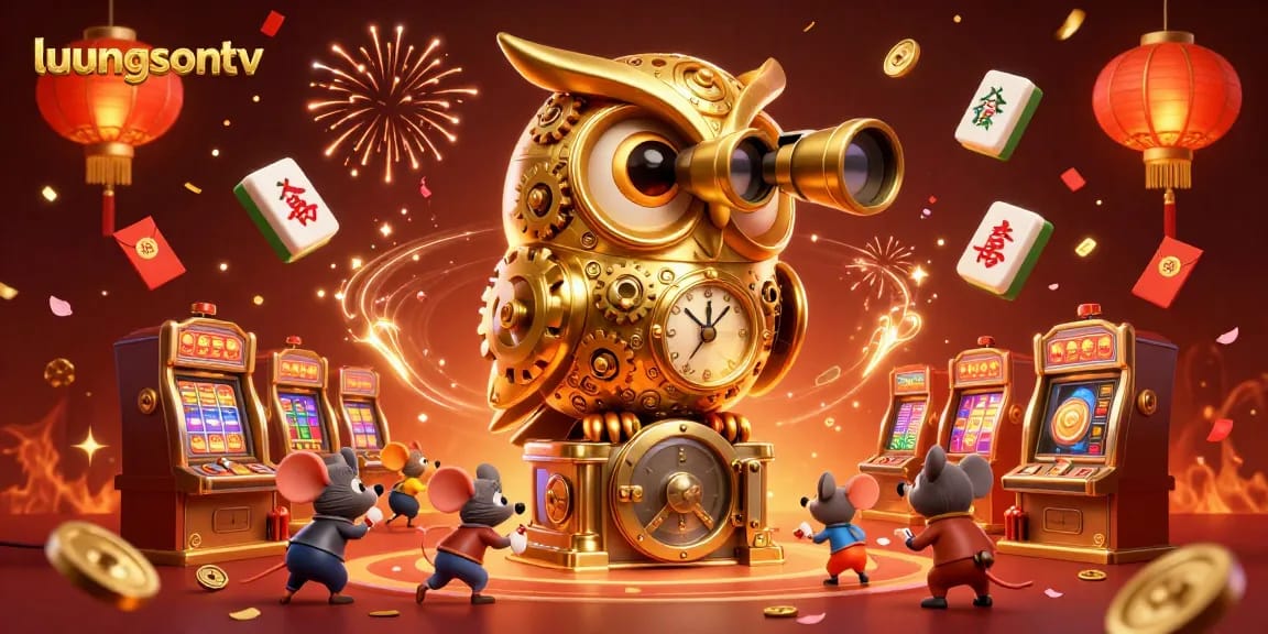 Experience lively gaming action at luongsontv with a golden owl overseeing a bustling casino scene.