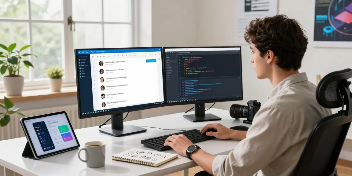 Developer utilizing Telegram web version in a modern office highlighting chat and coding interface.