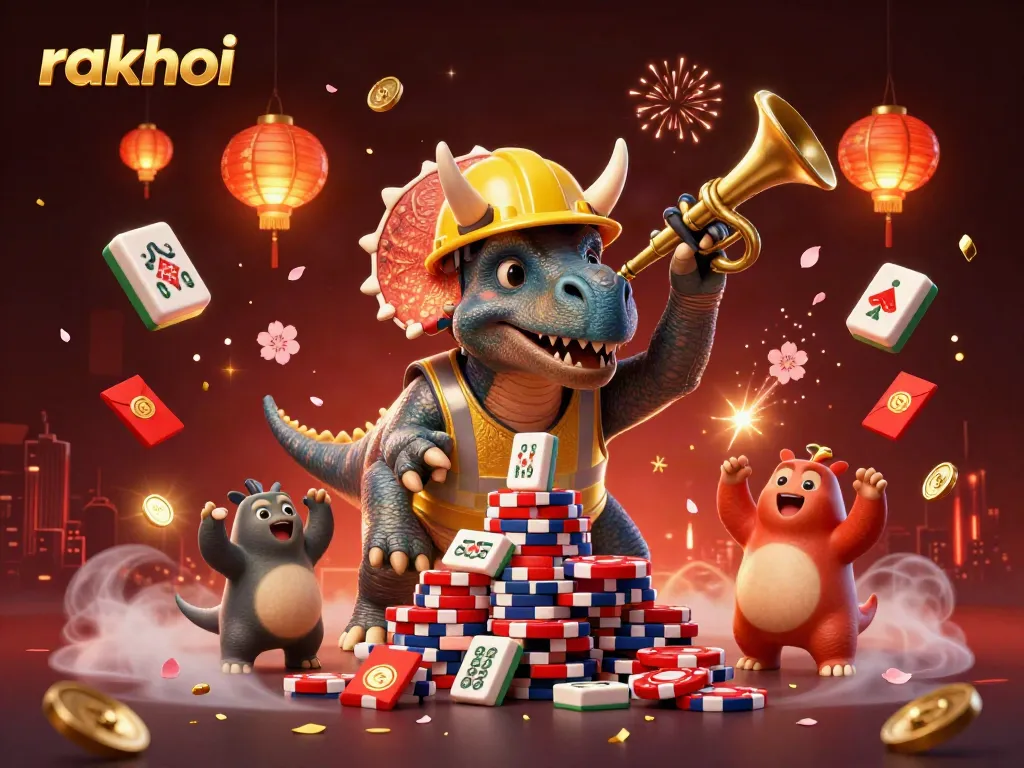 Experience the thrill of gambling with Rakhoi's 3D cartoon scene featuring exciting casino elements and characters.