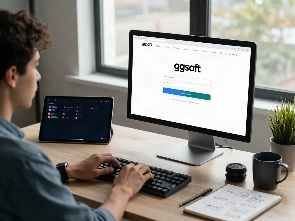 Engaging ggsoft login scene with user at modern desk typing credentials