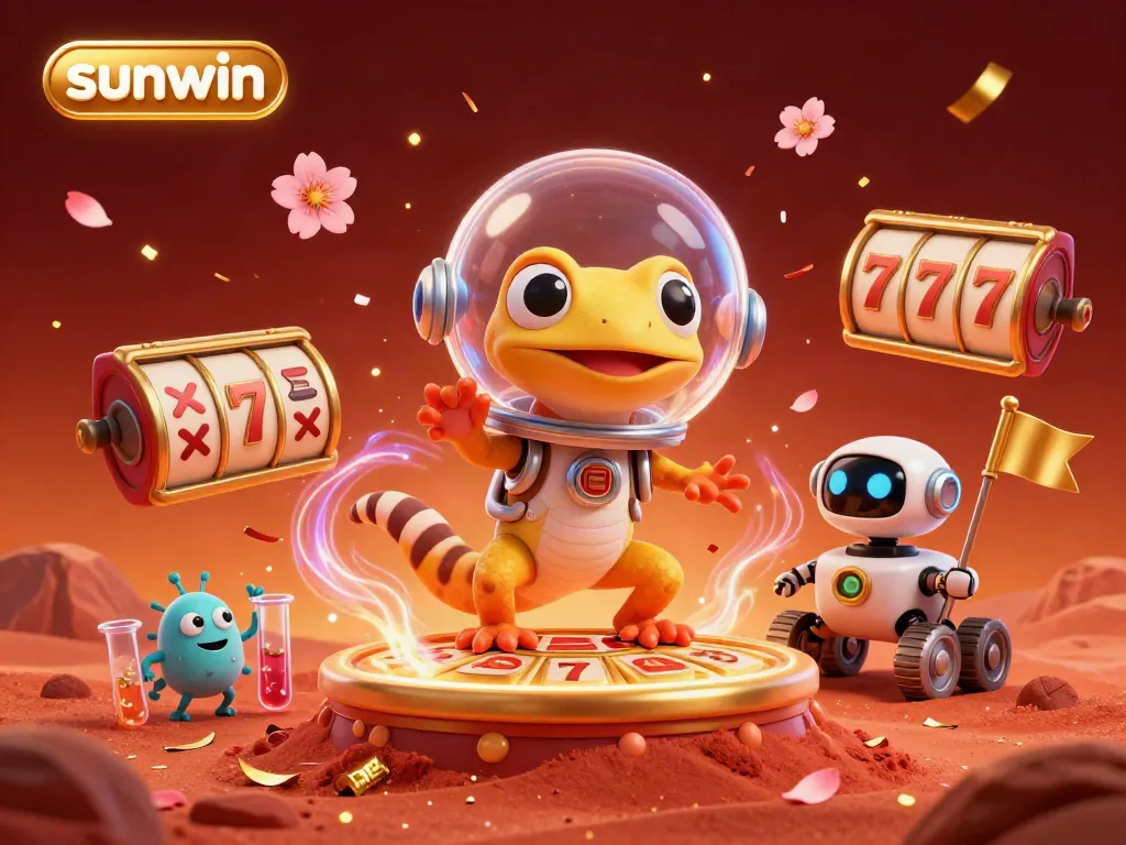 Engage with sunwin's thrilling casino atmosphere featuring a Martian gecko and gold casino elements.