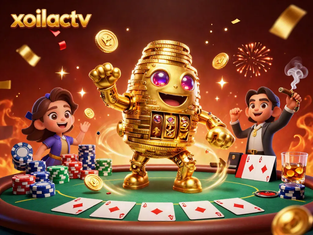 Experience thrilling gameplay at xoilactv with rich casino elements, including poker tables and golden golems.