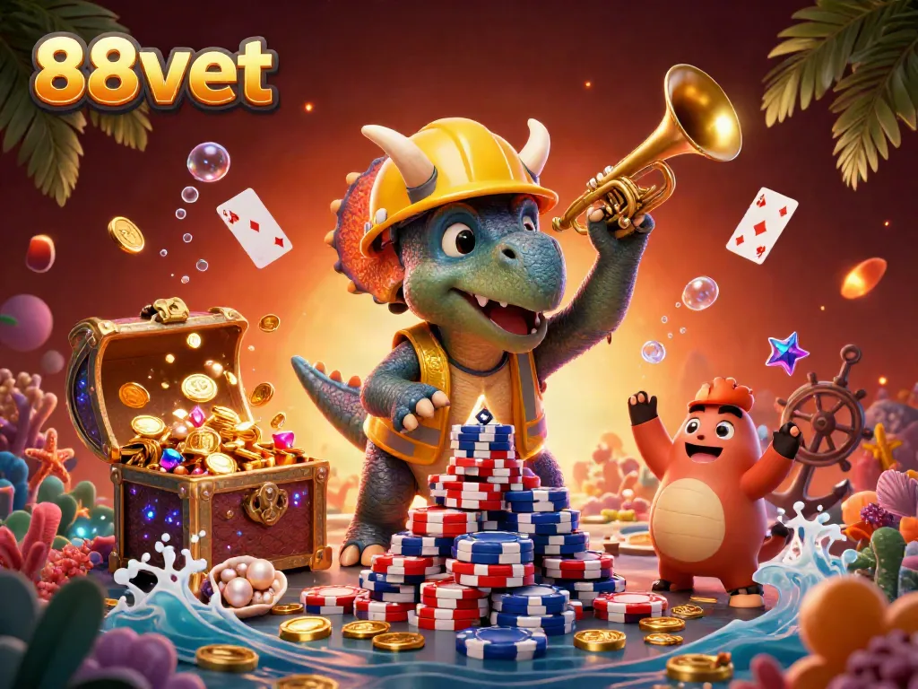 Celebrate big wins at 88vbet with a dazzling illustration of a triceratops and friends in a lively gaming scene.