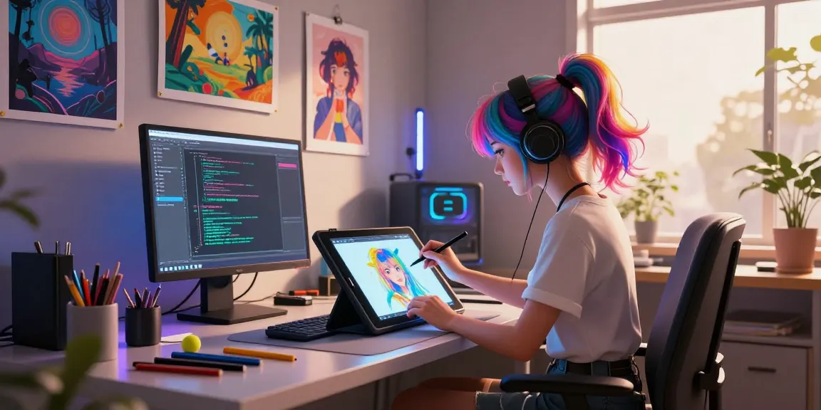 AI hentai character drawing in a digital art studio with vibrant colors and creative tools.