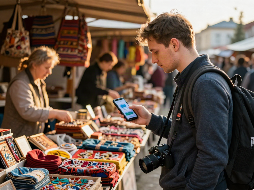 Experiencia de pago en Rusia con https://payinrussia.com/ en mercado local, turista interactuando con vendedores.