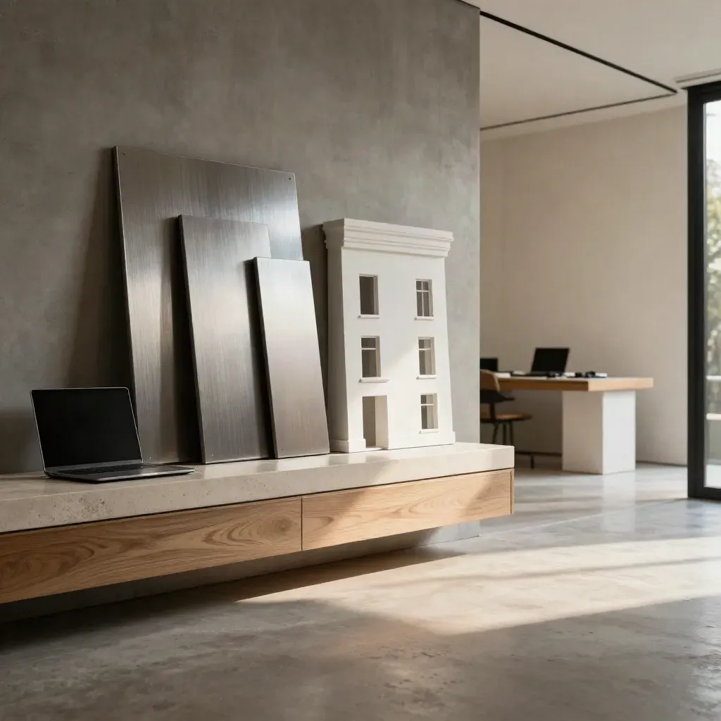 Foyer med modellhus, fasadprover och stängd laptop i varm byggstudio