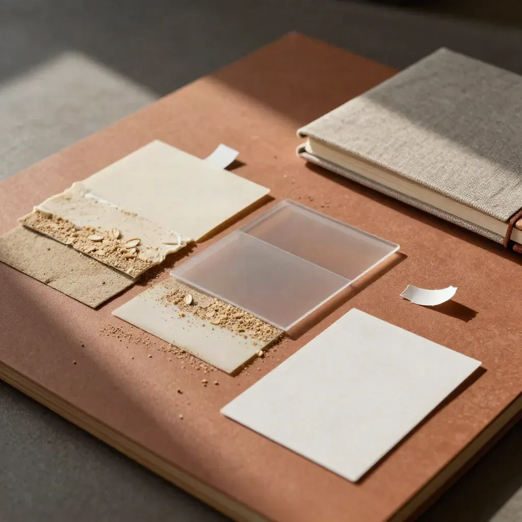 Uppifrån syns swatches, acetat, stängt anteckningsblock och nedvända korrekturkort i varm terrakotta.