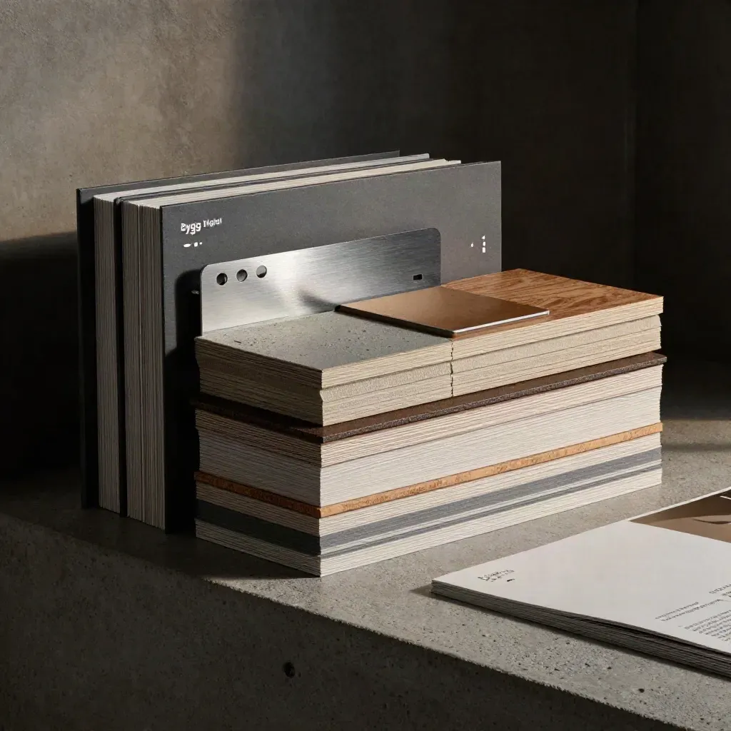 Mörkt filmiskt content-kit med broschyrer, materialprover och sampleboard i industriell miljö.