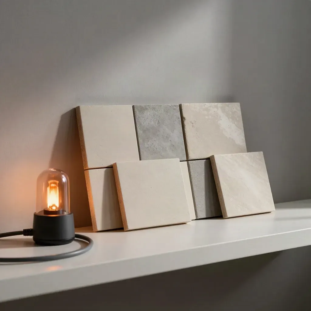 Modulära byggblock, orange testlampa och ethernetkabel på en matt hylla.
