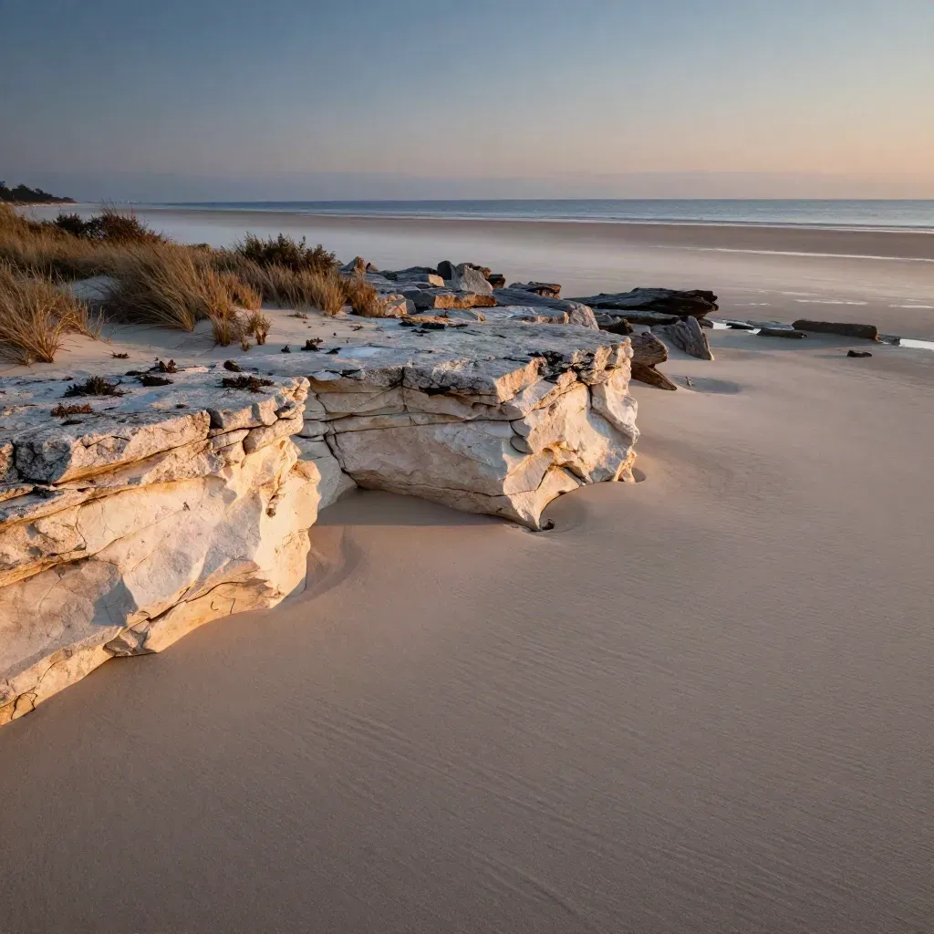 Ljusa kalkstensklippor, vindpinad sand och dimmig kustlinje i Skåne vid solnedgång.