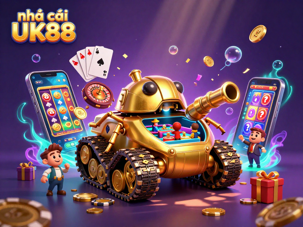 Experience the excitement of nhà cái UK88 with a vibrant casino scene featuring colorful slot games and gold coins.