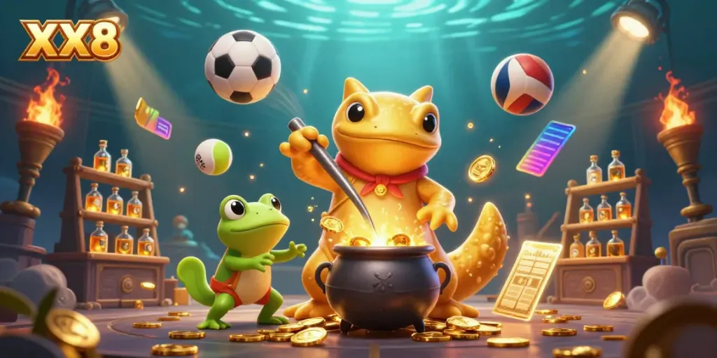 Engage with the thrilling XX8 casino scene, showcasing alchemy of gold and dynamic sports betting elements.
