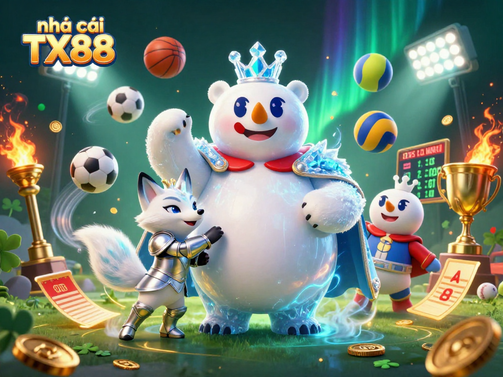 Engage with the vibrant world of nhà cái TX88 featuring a polar bear and fox in a colorful casino scene.