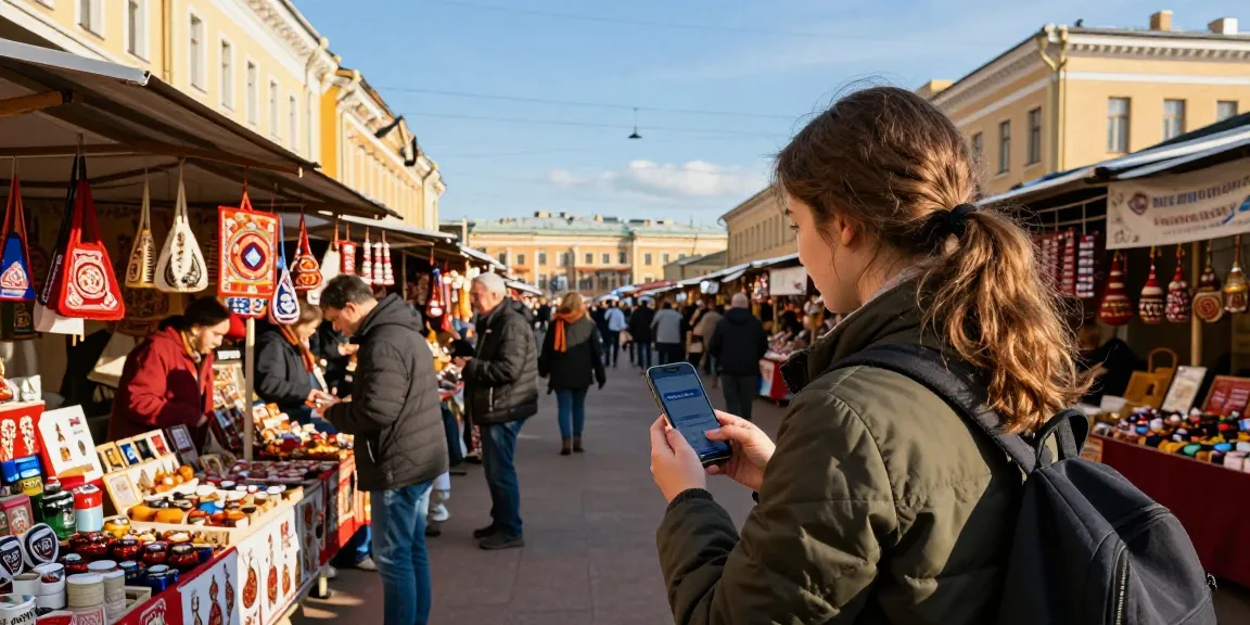Explorador en un mercado local en San Petersburgo utilizando https://payinrussia.com/ para realizar pagos al comprar souvenirs.