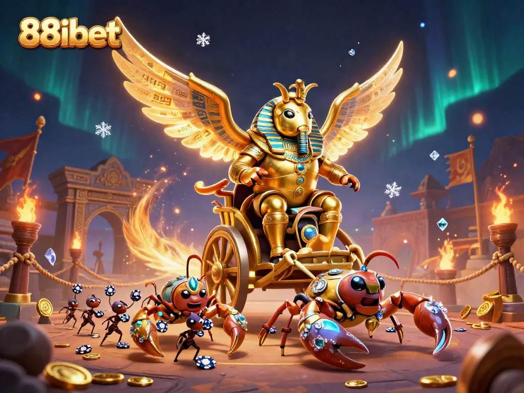 88ibet's thrilling chariot scene with a golden scarab and scorpions engaging players in a vibrant betting atmosphere.