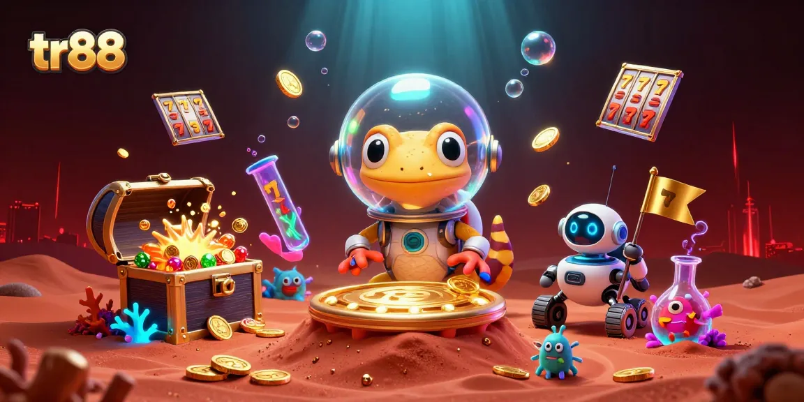 tr88 Martian gecko discovering a golden casino with vibrant slot reels and floating playing cards.