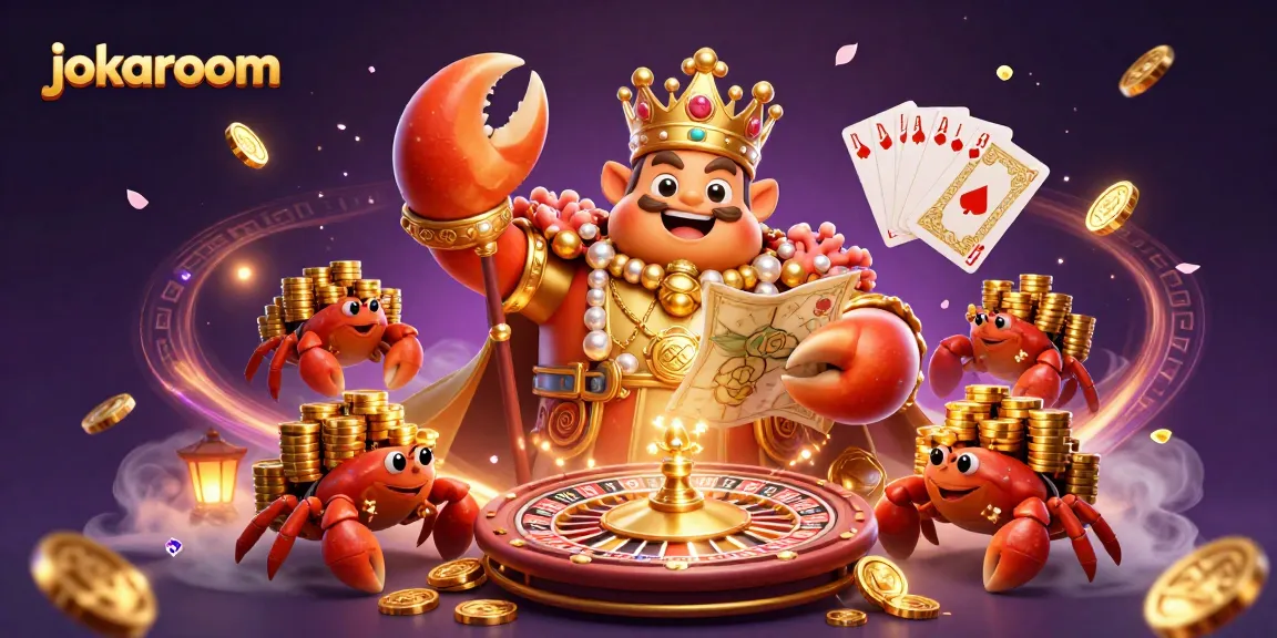 Experience excitement at jokaroom with a golden crab emperor showcasing treasures and casino elements.