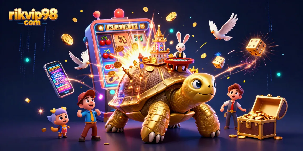 Experience the excitement of rikvip98 com with a golden tortoise casino scene featuring dynamic slots and vibrant games.