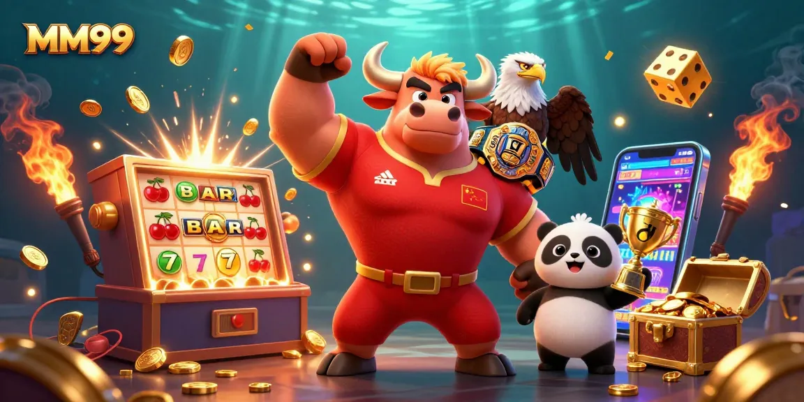 Experience the thrill of MM99 with a vibrant 3D illustration of casino games and characters