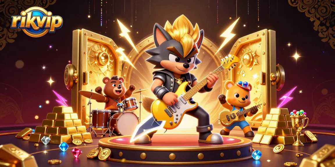 Experience excitement with rikvip at a rich casino scene featuring a rock star wolf and a drummer bear.